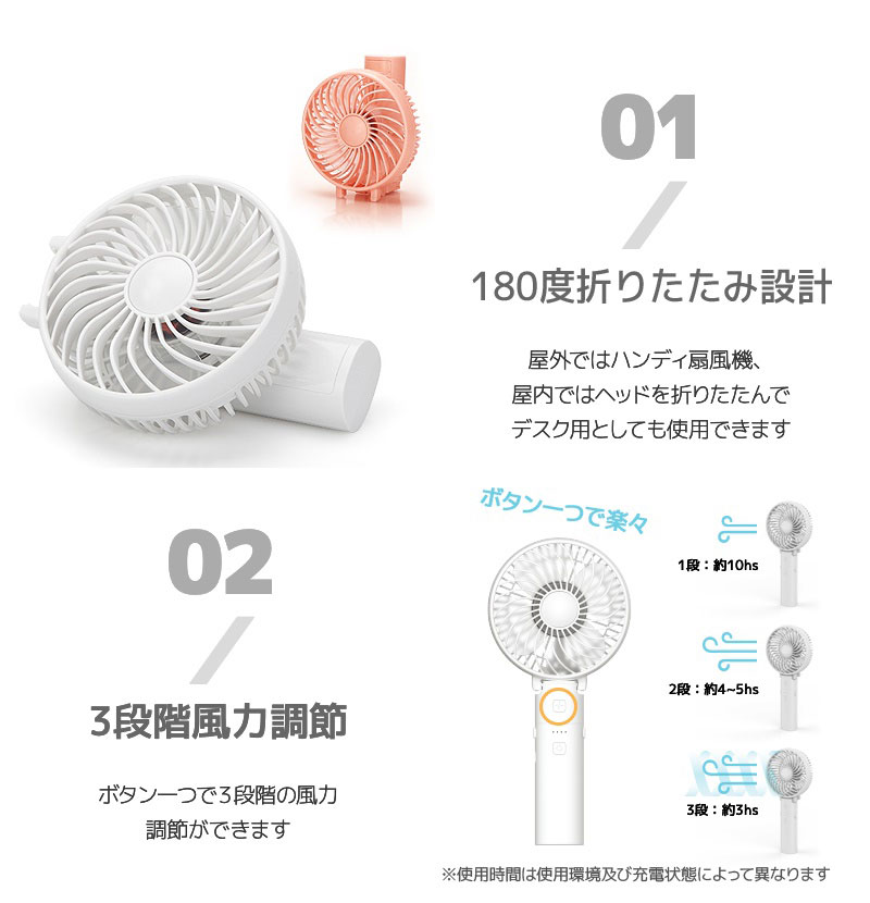 180度折りたたみ設計 屋外ではハンディ扇風機 屋内ではヘッドを折りたたんでデスク用としても使用できます 3段階風力調節 ボタンひとつで3段階の風力調節ができます