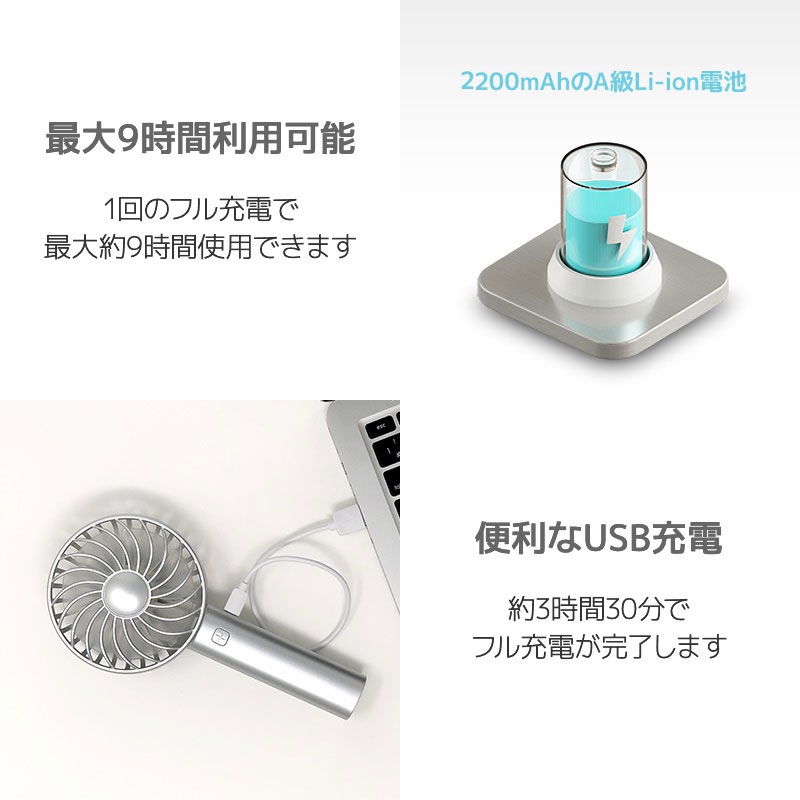 最大9時間利用可能 1回のフル充電で最大約9時間使用できます 2200mAhのA級 リチウムイオン電池 便利なUSB充電 約3時間30分でフル充電が完了します