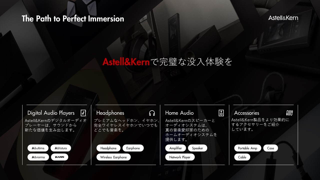 Astell&Kernで完璧な没入体験を Digital Audio Players Astell&Kernのデジタルオーディオ プレーヤーは、サウンドから 新たな価値を生み出します。A&ultima A&futura A&norma KANN Headphones プレミアムなヘッドホン、イヤホン、 完全ワイヤレスイヤホンでいつでも どこでも音楽を。 Headphone Earphone Wireless Earphone Home Audio Astell&Kernのスピーカーと オーディオシステムは、 真の音楽愛好家のための ホームオーディオシステムを 提供します。 Amplifier Speaker Network Player Accessories Astell&Kern製品をより効果的に するアクセサリーをご紹介 しています。 Portable Amp Case Cable