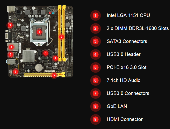 Placa Base DDR3-SDRAM, DIMM, 1333,1600,1866 MHz, Dual, 16 GB, Intel Biostar H110MHV3 Intel H110 LGA 1151 Micro ATX Socket H4 